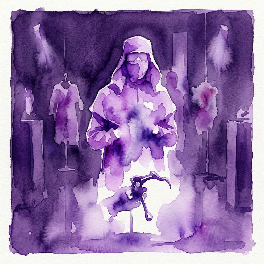 A watercolor illustration in purple tones depicting a central figure in a hooded suit surrounded by props and costumes, evoking themes of body horror and technological transformation from David Cronenberg's films.