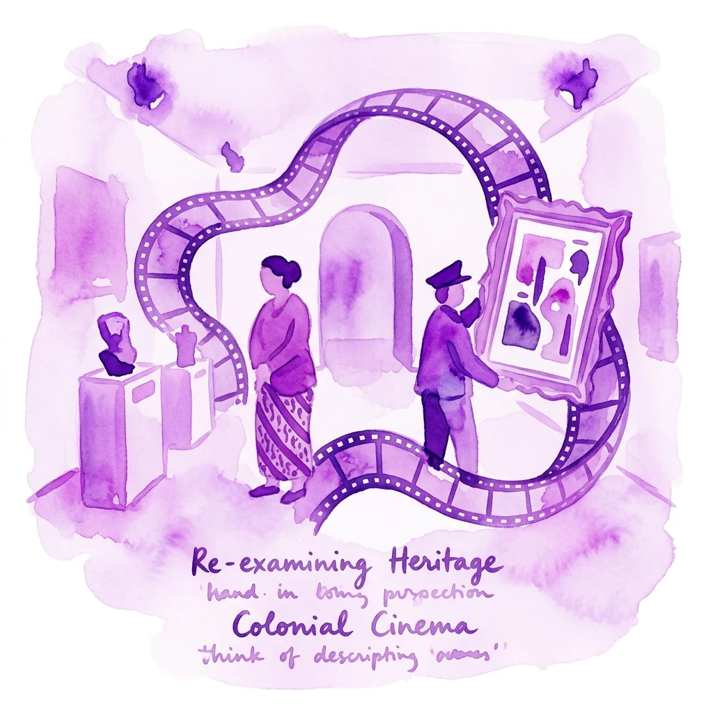 Een paarse aquarelillustratie van een museumgalerij met een filmstrook die een boog vormt, met twee figuren die kunstwerken bekijken, ter representatie van de tentoonstelling 'Eye(s) Open – New Perspectives on Colonial Film Heritage'.