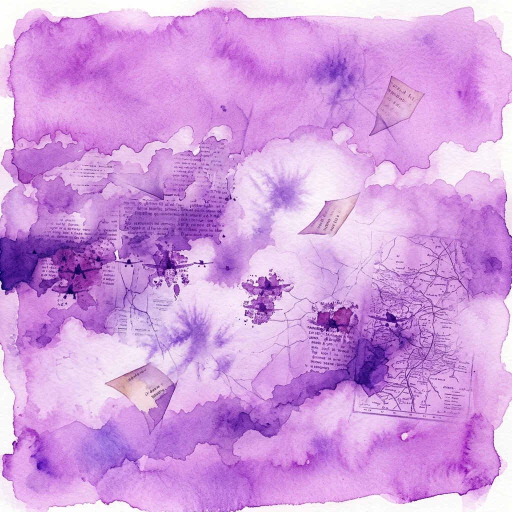 An abstract purple watercolor artwork featuring fragmented maps, archival documents, and text overlays, symbolizing the deconstruction of historical narratives.