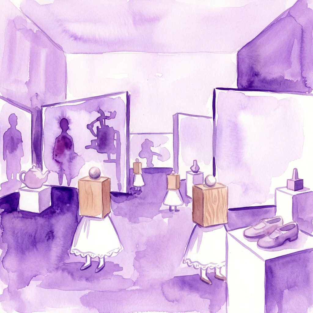 Una ilustración surrealista en acuarela de una exposición de arte que presenta figuras con cabeza de bloque con vestidos blancos, pantallas de cine y varios objetos, reflejando el estilo artístico de Alex van Warmerdam.