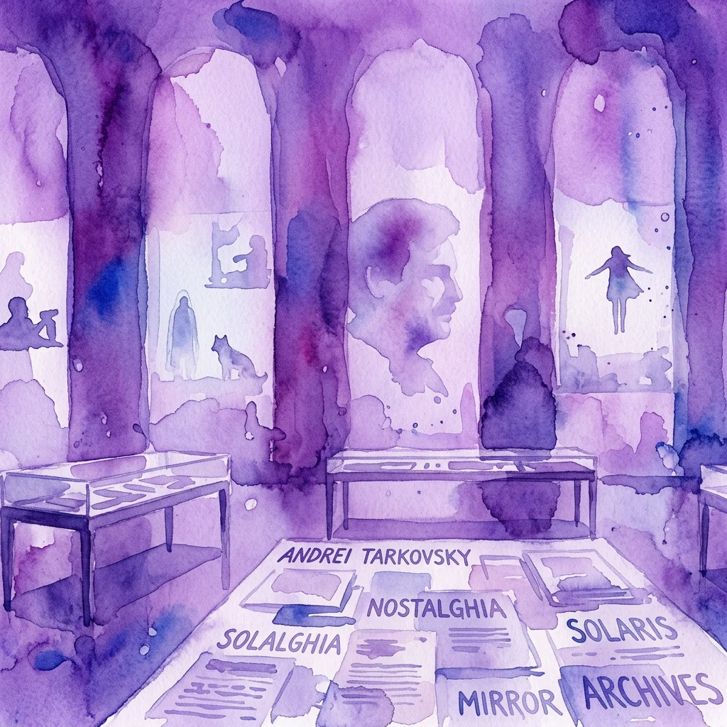 Een aquarelillustratie van een tentoonstellingshal met paarse tinten, met vitrines, filmprojecties en archiefdocumenten met betrekking tot filmmaker Andrei Tarkovsky, inclusief titels als Nostalgia, Solaris en Mirror.