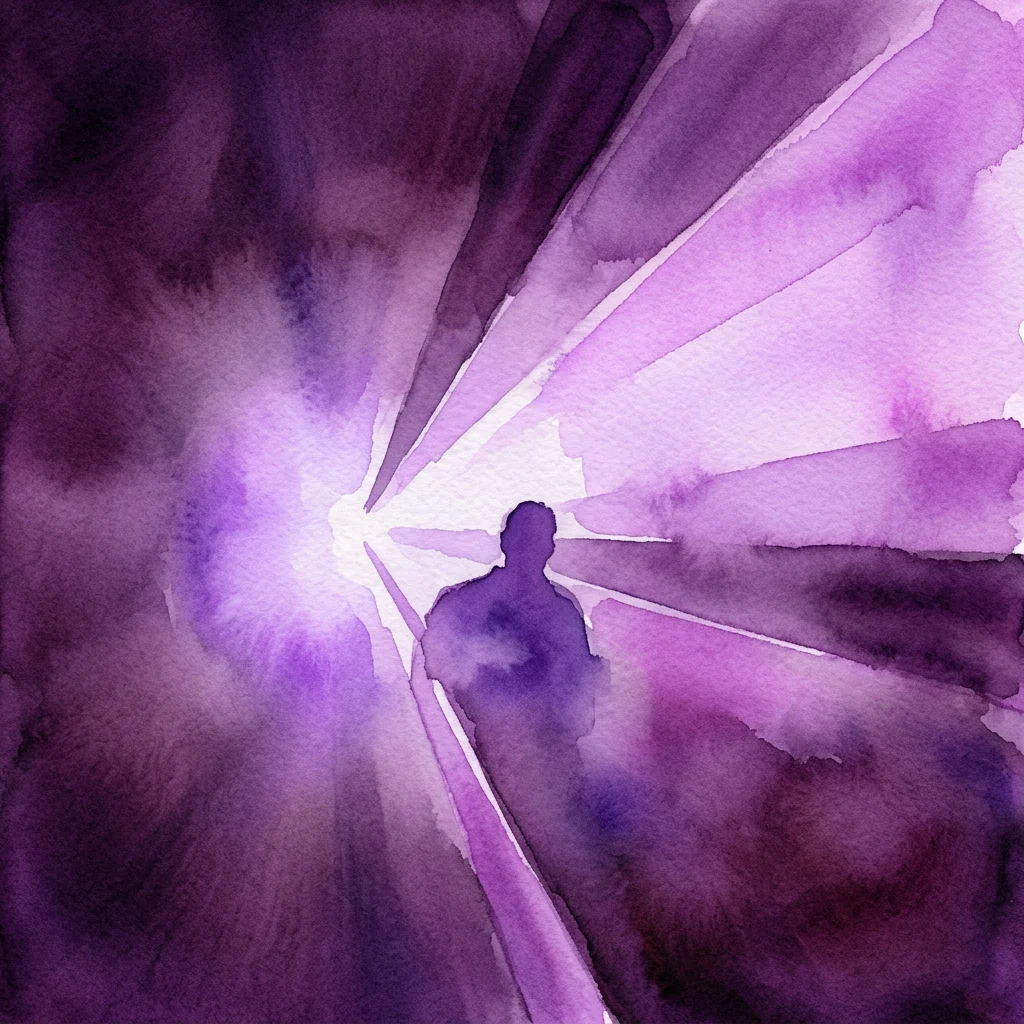 Una obra de arte en acuarela que representa la silueta de una figura de pie en un radiante estallido de luz púrpura y blanca, evocando una sensación de inmersión y arte basado en la luz.