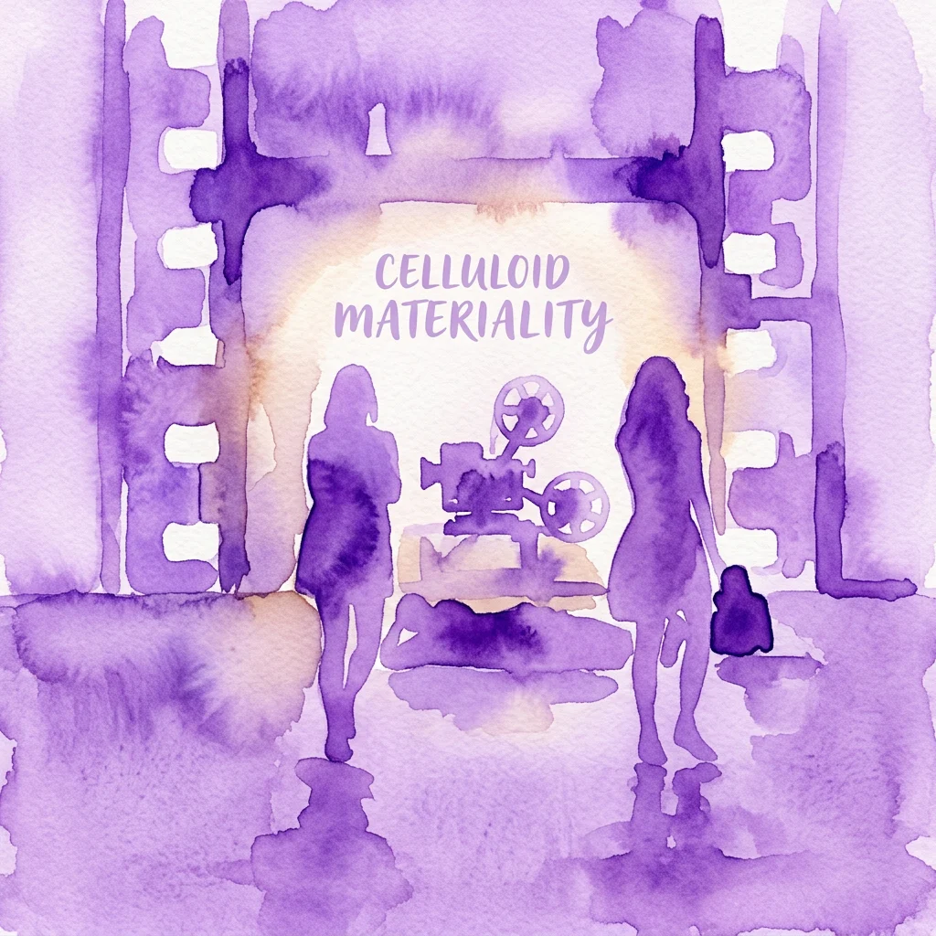 Ilustración en acuarela de una exposición de cine titulada 'Celluloid Materiality' con siluetas de visitantes, un proyector de películas antiguo y motivos de tiras de película en tonos púrpuras.