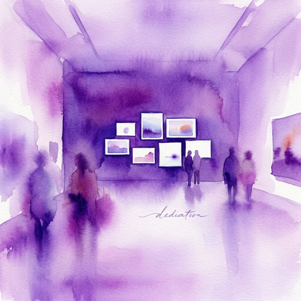Una ilustración en acuarela de una galería de museo con iluminación púrpura, que presenta múltiples obras de arte enmarcadas en las paredes y visitantes que observan la exposición.