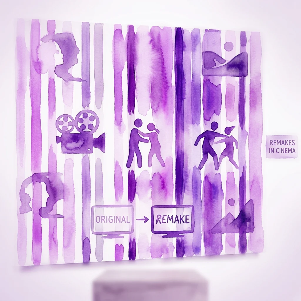 Una obra de arte en acuarela púrpura que representa fotogramas y siluetas de películas, ilustrando el concepto de remakes cinematográficos con etiquetas de texto 'ORIGINAL' y 'REMAKE' en pantallas, parte de la exposición 'Cinema Remake – Art & Film'.