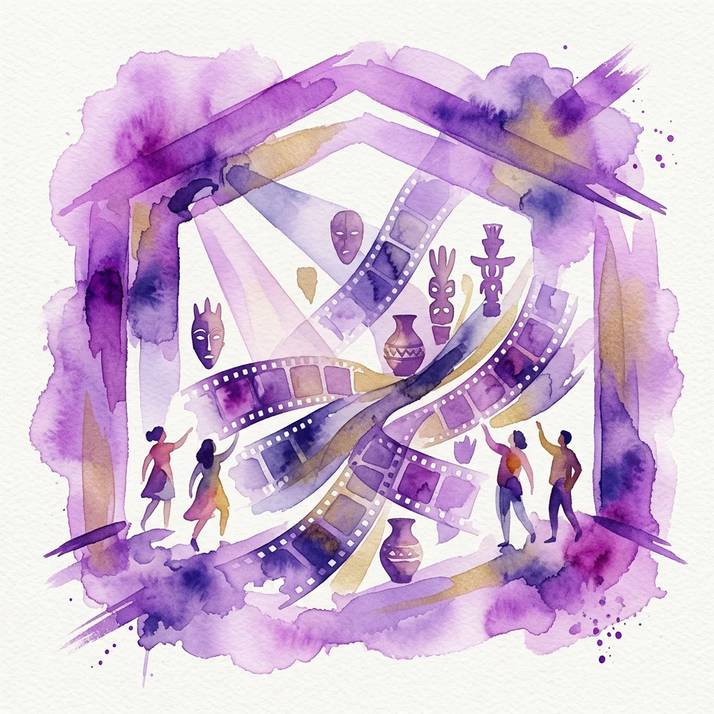 A vibrant watercolor illustration featuring film strips, tribal masks, and figures within a purple-framed gallery space, representing the Eye Art & Film Prize exhibition.