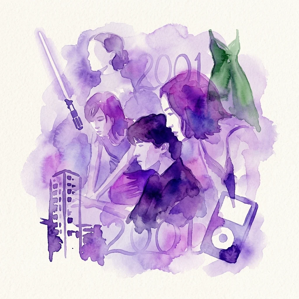 A watercolor illustration featuring iconic imagery from 2001, including a lightsaber, an iPod, a green dress, and silhouettes of people, symbolizing the cultural and technological shifts of the year.