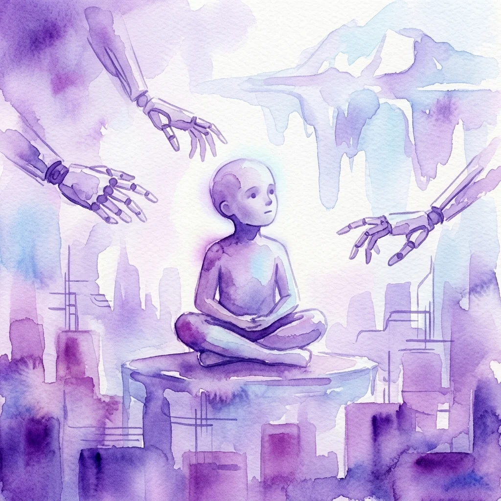 A young android boy sits cross-legged in a meditative pose, surrounded by robotic hands reaching toward him in a futuristic, submerged cityscape with melting icecaps.