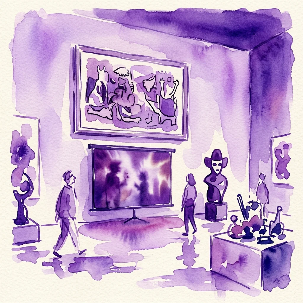 Een aquarelillustratie van een kunstexpositie in paarse tinten, met een grote projectiescherm, ingelijste schilderijen, sculpturen en bezoekers die de ruimte verkennen, in de surrealistische stijl van Alex van Warmerdam.