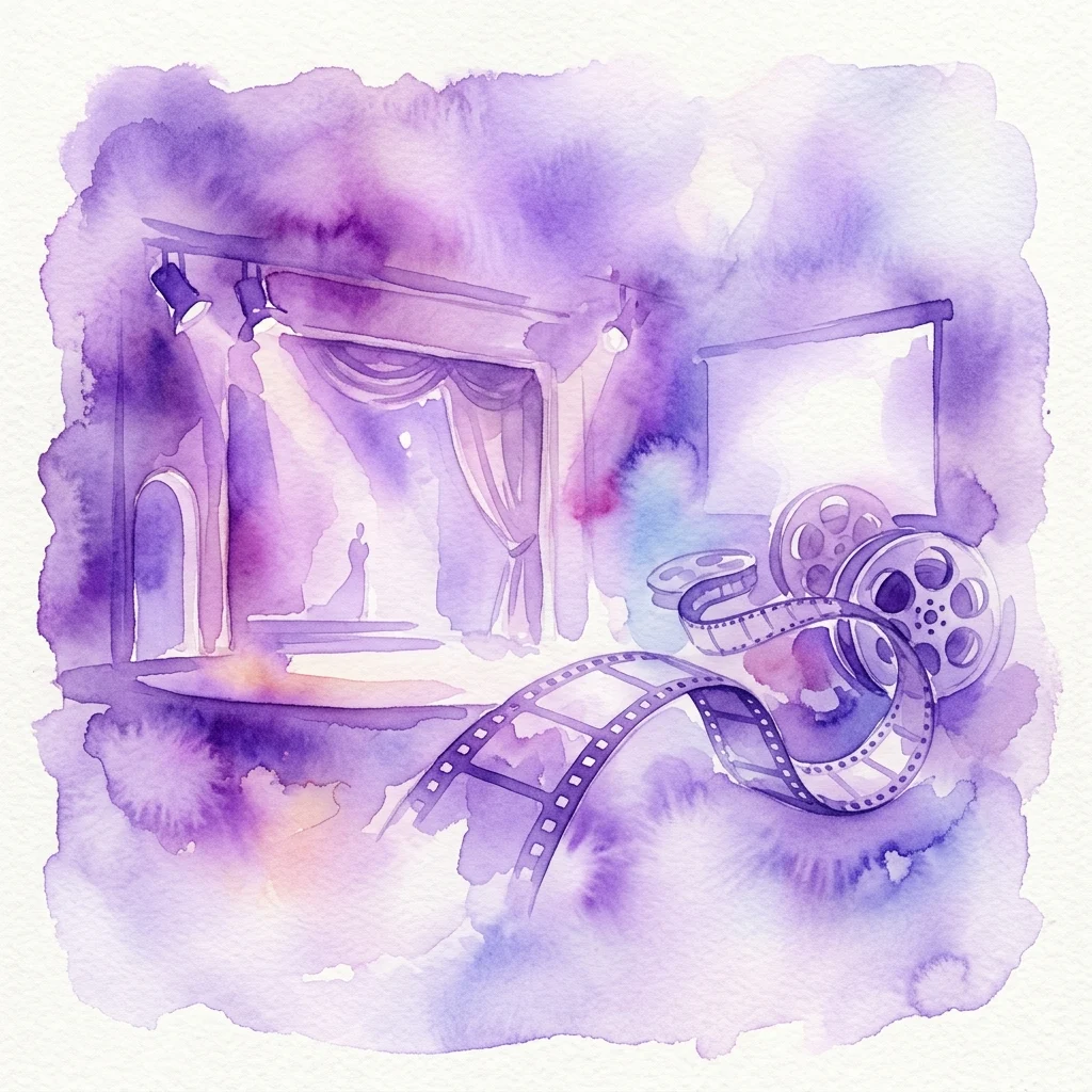 Ilustracja akwarelowa przedstawiająca scenę teatralną ze światłami reflektorów i kurtynami, łączącą się z rolkami filmu i ekranem projekcyjnym, symbolizującą przecięcie się teatru i filmu.