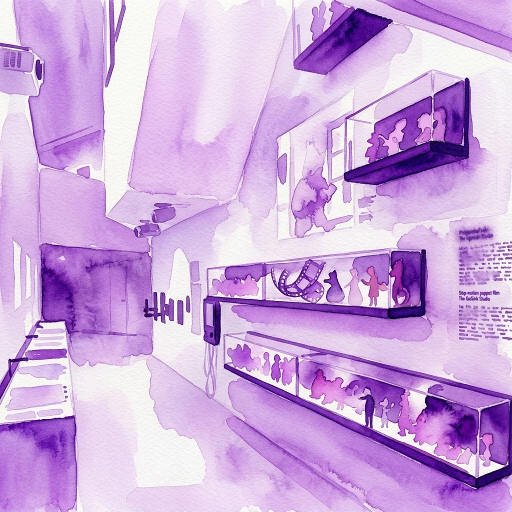 Ilustración en acuarela de la exposición Animation Gallery, que muestra vitrinas con marionetas de stop-motion, tiras de película y siluetas de personajes.
