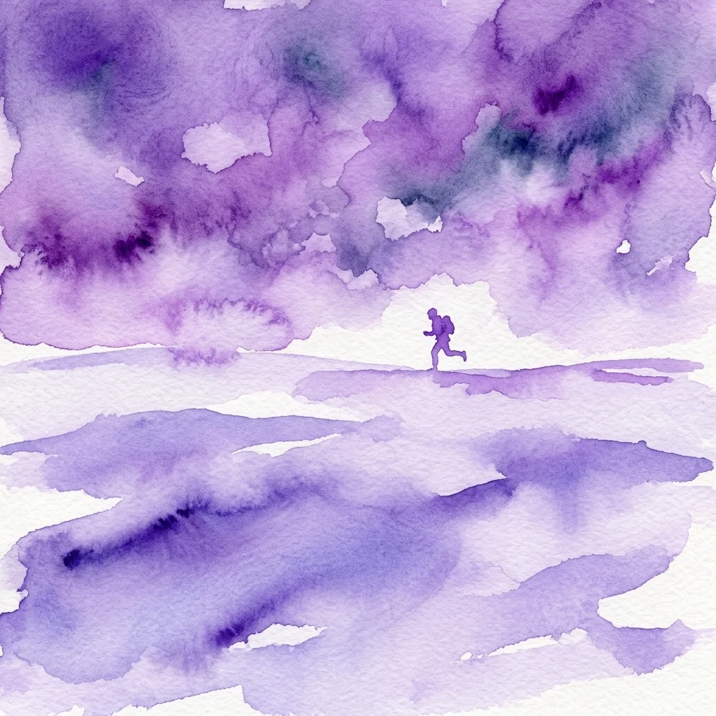 A watercolor illustration of a lone figure running across a vast, snowy landscape under a dramatic purple sky, evoking the epic journey from the Inuit film 'Atanarjuat: The Fast Runner'.