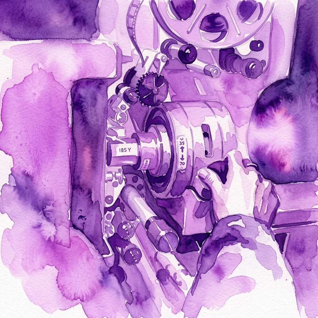 Una ilustración en acuarela morada de un proyector de cine analógico vintage de 35 mm y 70 mm con bobinas de película, destacando la tecnología cinematográfica analógica.
