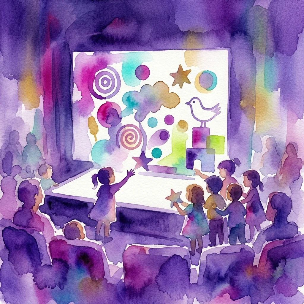 Children aged 2-6 participate in a light and shadow play activity during the Cinemini program at a dimly lit film theatre, with colorful abstract shapes projected on a screen.