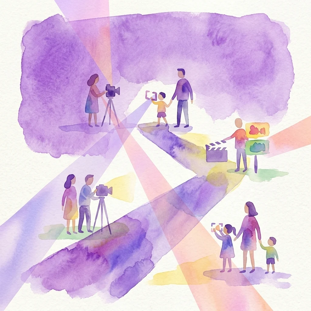 Een aquarelillustratie van gezinnen met kinderen die deelnemen aan interactieve filmactiviteiten in het Eye Filmmuseum, waaronder het gebruik van camera's en clapperboards op een kleurrijke ontdekkingsroute.