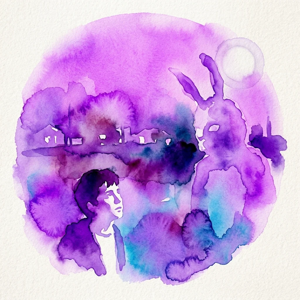 Ilustracja akwarelowa nastolatka oglądającego gigantyczną figurę królika w surrealistycznej, podmiejskiej scenerii nocnej, inspirowana filmem Donnie Darko.