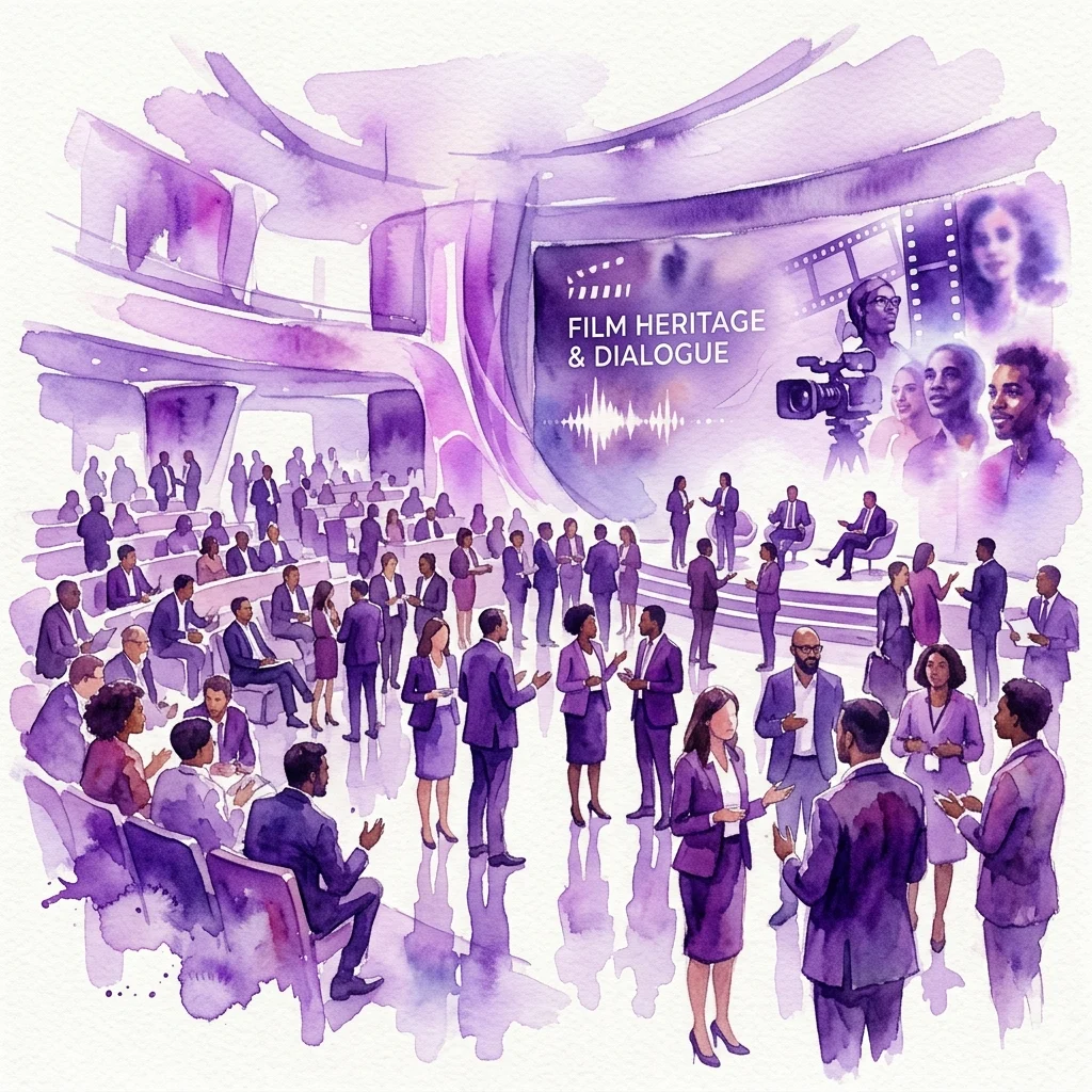 A watercolor illustration of a modern conference hall with diverse professionals discussing film heritage and dialogue, featuring a large screen with 'Film Heritage & Dialogue' text and cinematic elements.