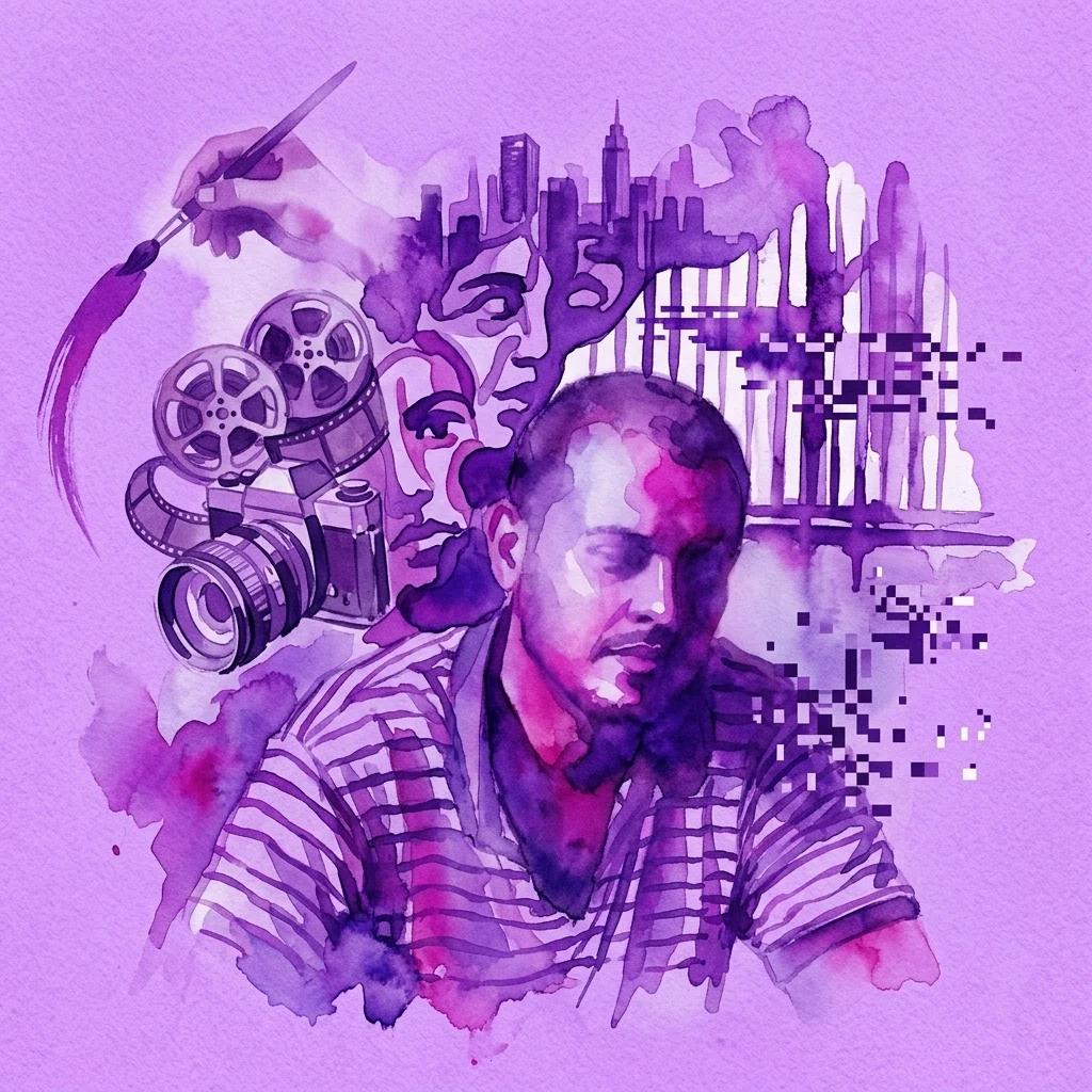 Ilustracja akwarelowa indyjskiego artysty Sohraba Hury, przedstawiająca rolki filmu, aparat fotograficzny i pędzel, z efektami cyfrowego zniekształcenia oraz panoramą miasta w tle, reprezentująca jego pracę w dziedzinie fotografii, filmu i malarstwa.
