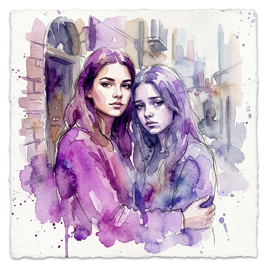 Ilustracja akwarelowa przedstawiająca dwie nastoletnie siostry, jedną z pewną siebie miną, a drugą wyglądającą na zrozpaczoną, na tle stonowanego miejskiego pejzażu w odcieniach fioletu i błękitu.
