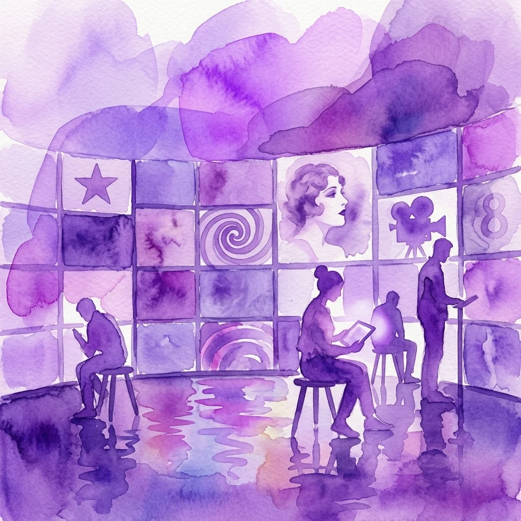 Artystyczna ilustracja akwarelowa interaktywnej wystawy Film Catcher w Eye Filmmuseum, przedstawiająca zwiedzających korzystających z tabletów do wyświetlania fragmentów filmów na dużych ekranach, tworząc dynamiczny kolaż historii kina.