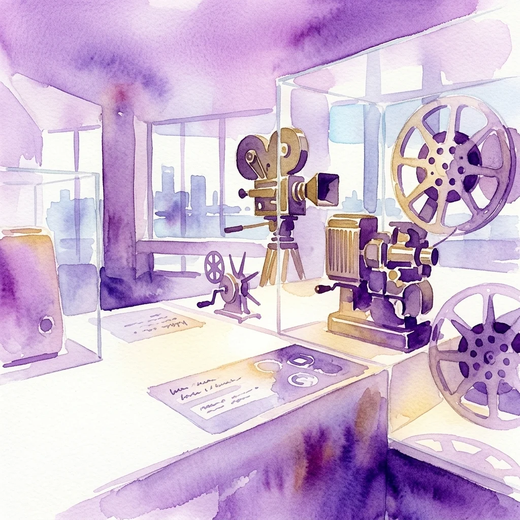 Ilustración en acuarela que muestra una exposición museística de equipos cinematográficos antiguos, incluyendo una cámara de cine sobre trípode y proyectores con grandes bobinas de película.