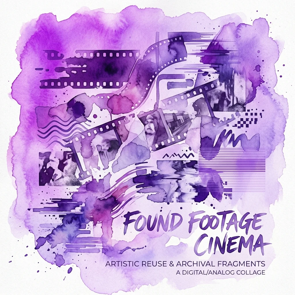 Abstrakcyjny fioletowy kolaż akwarelowy przedstawiający taśmy filmowe, materiały archiwalne i cyfrowe glitche, reprezentujący wystawę Found Footage Cinema w Eye Filmmuseum.