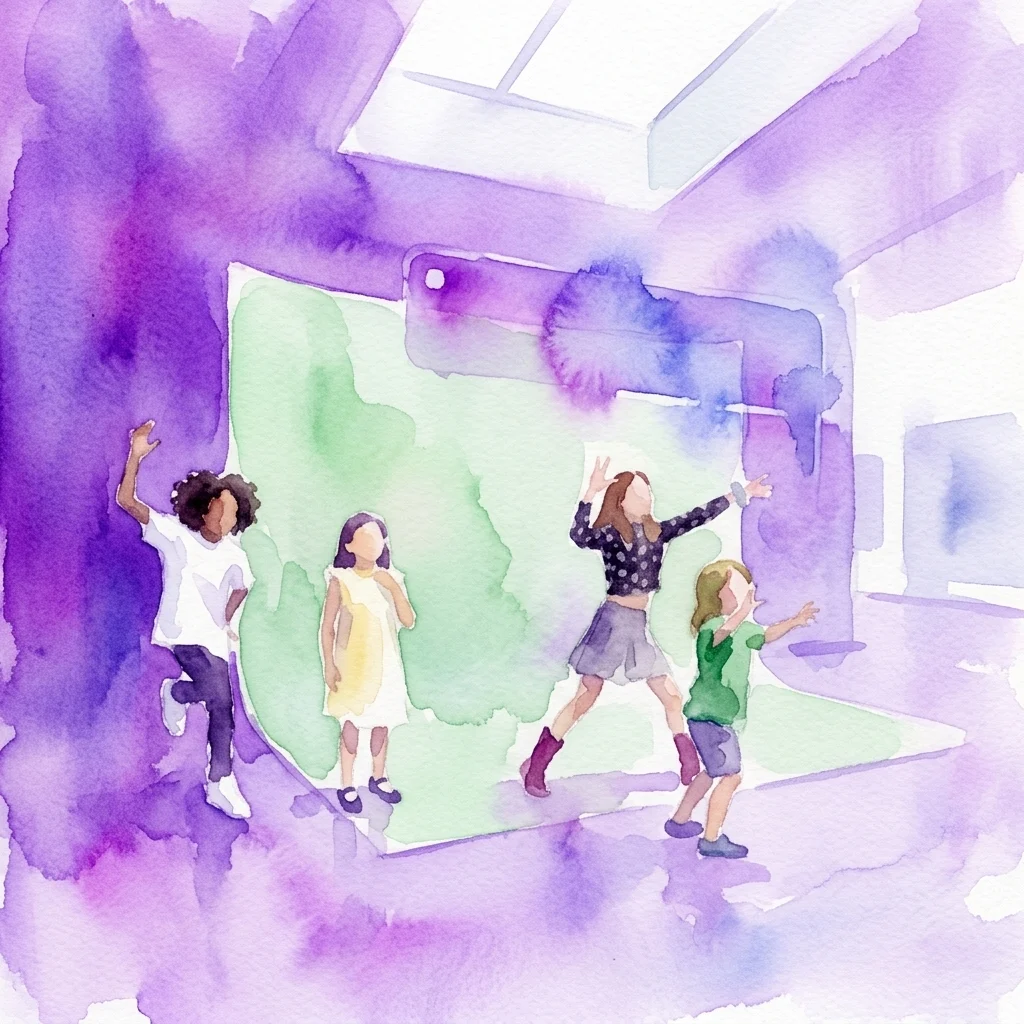 Ilustración en acuarela de cuatro niños posando y jugando frente a una gran pantalla verde en el espacio expositivo de un museo.