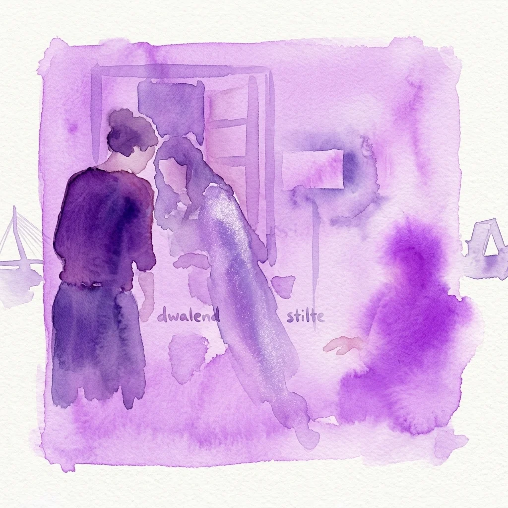 Ilustracja akwarelowa w fioletowych odcieniach przedstawiająca trzy postacie w kontemplacyjnej scenie, z holenderskimi słowami 'dwalend' i 'stilte' (wędrowanie i cisza) sugerującymi tematy egzystencjalnej refleksji z filmu 'Îles flottantes'.