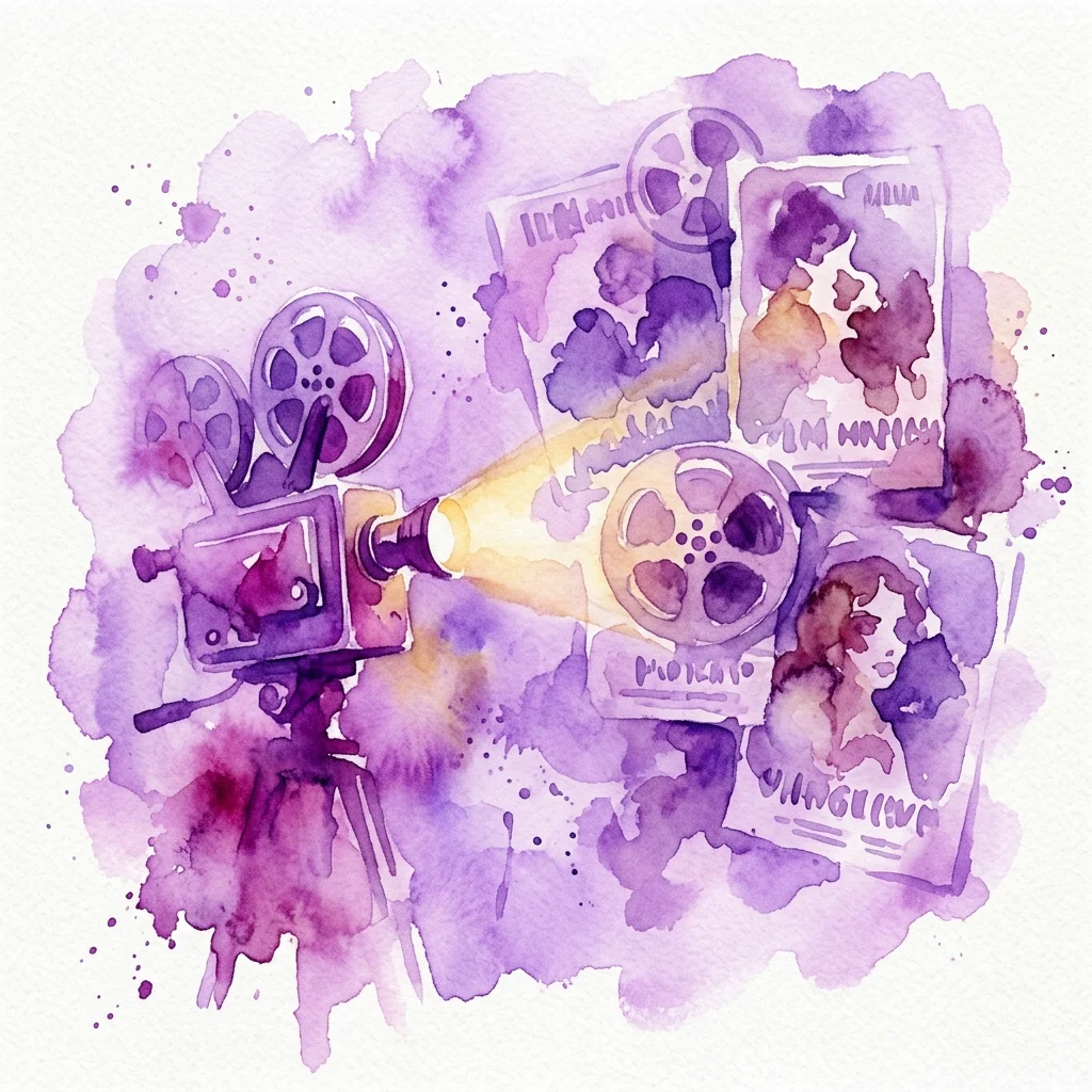 Waterverfillustratie van een vintage filmprojector die licht projecteert op filmrollen en posters uit het begin van de 20e eeuw, wat de magie van vroege cinema oproept.
