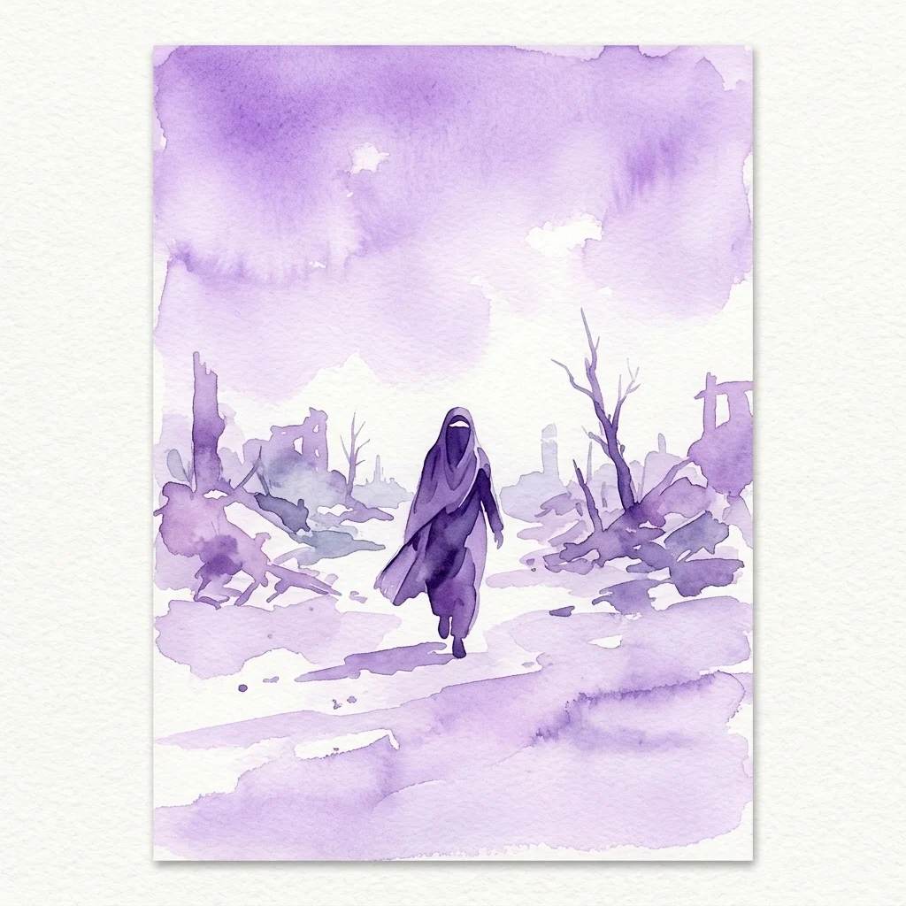 A watercolor illustration of a lone figure in a burqa walking through a desolate, war-torn landscape under a purple sky, symbolizing resilience in conflict.