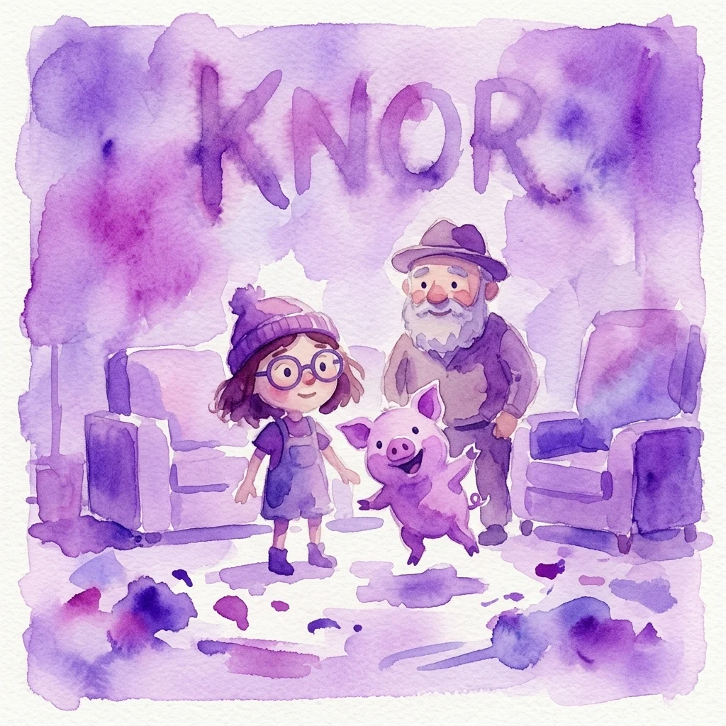 A whimsical watercolor illustration of a young girl, a pig, and an elderly man in a cozy living room, with the title 'KNOR' in purple watercolor above them.
