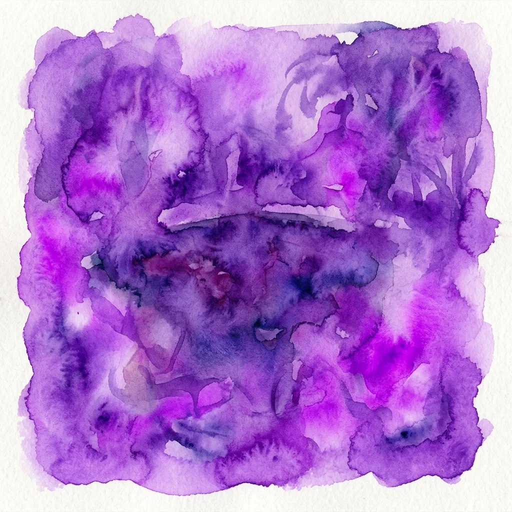 Abstract watercolor artwork in shades of purple and violet, with blended hues and textured brushstrokes on white paper.