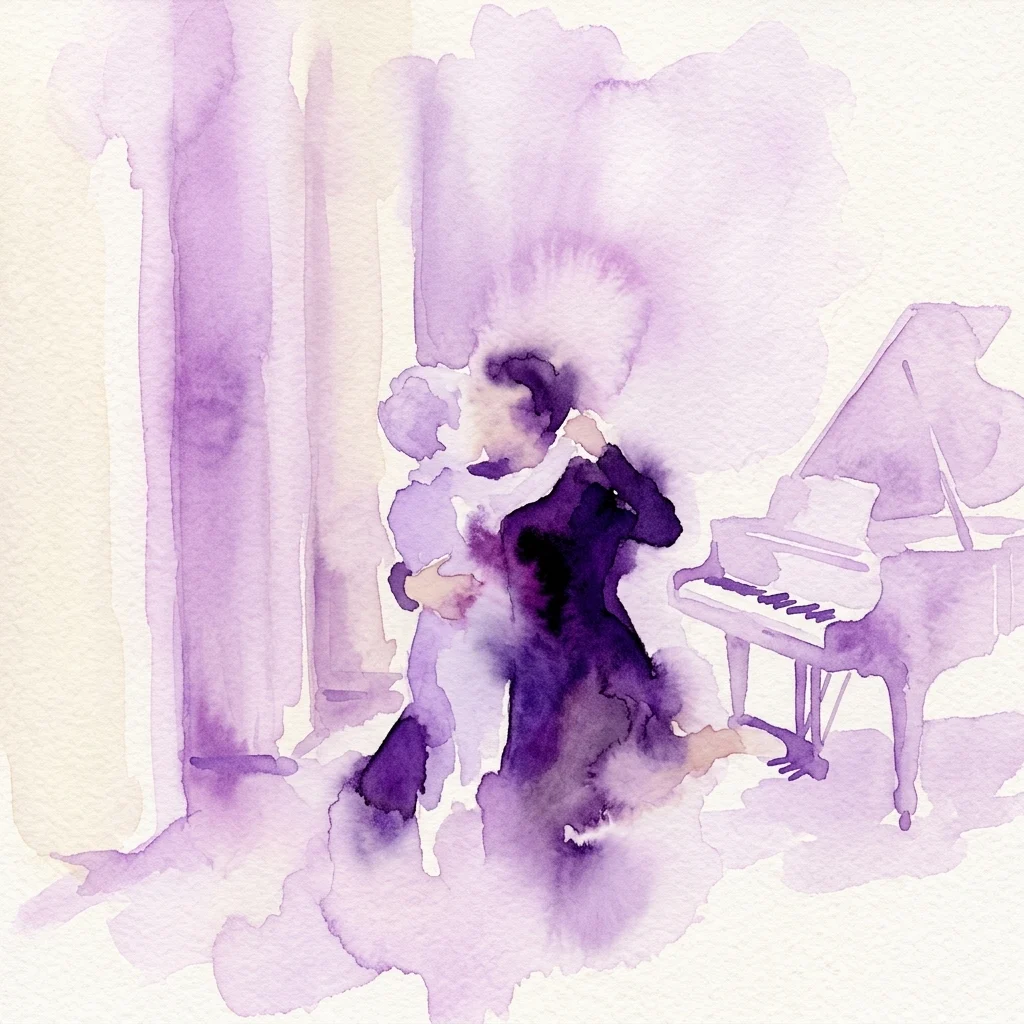 Watercolor illustration of a woman in a dark dress embracing a child near a grand piano, rendered in purple and lavender hues, evoking a psychological drama atmosphere.