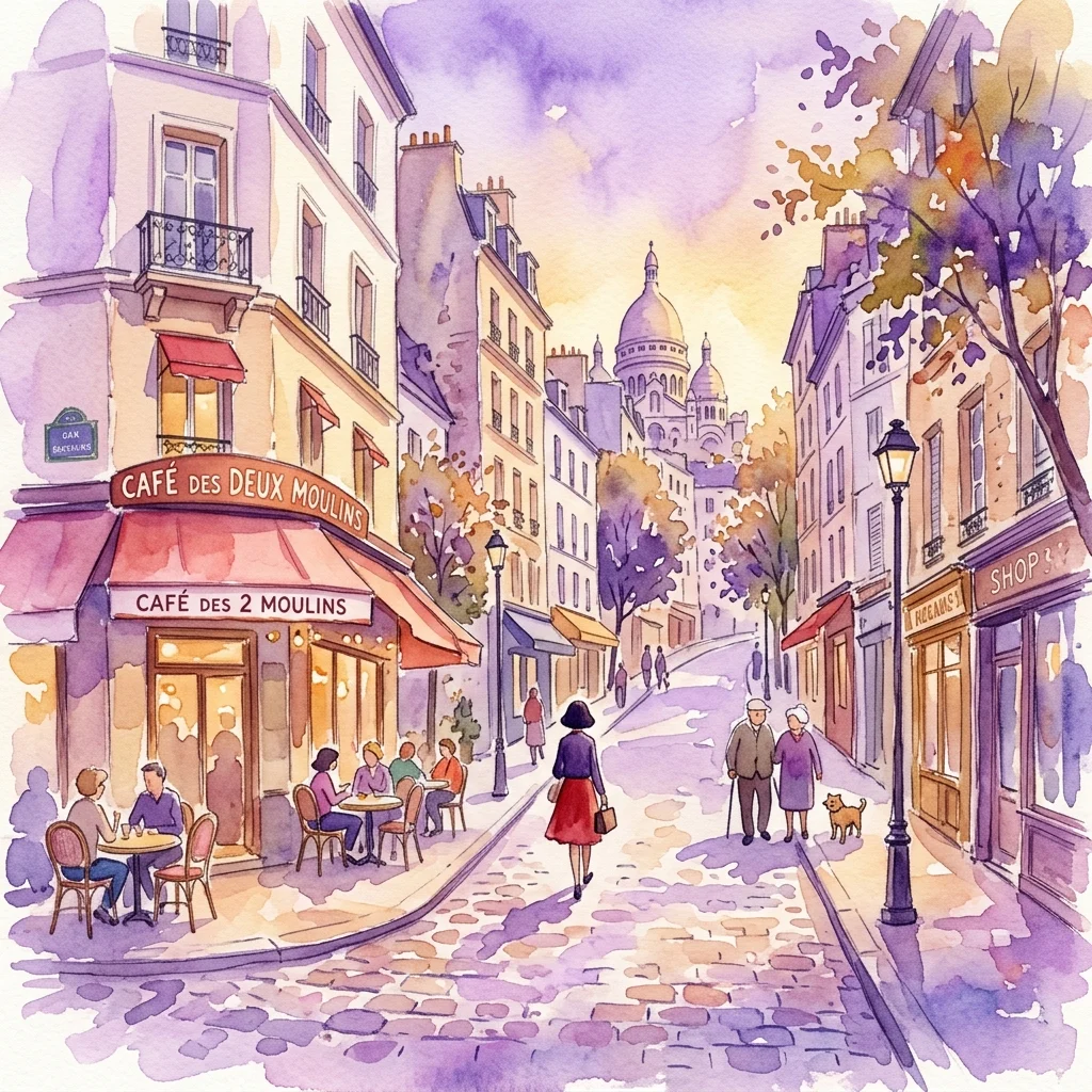 Una caprichosa ilustración en acuarela de una escena callejera parisina, con el Café des Deux Moulins, calles adoquinadas y la Basílica del Sacré-Cœur al fondo, inspirada en la película 'Amélie'.