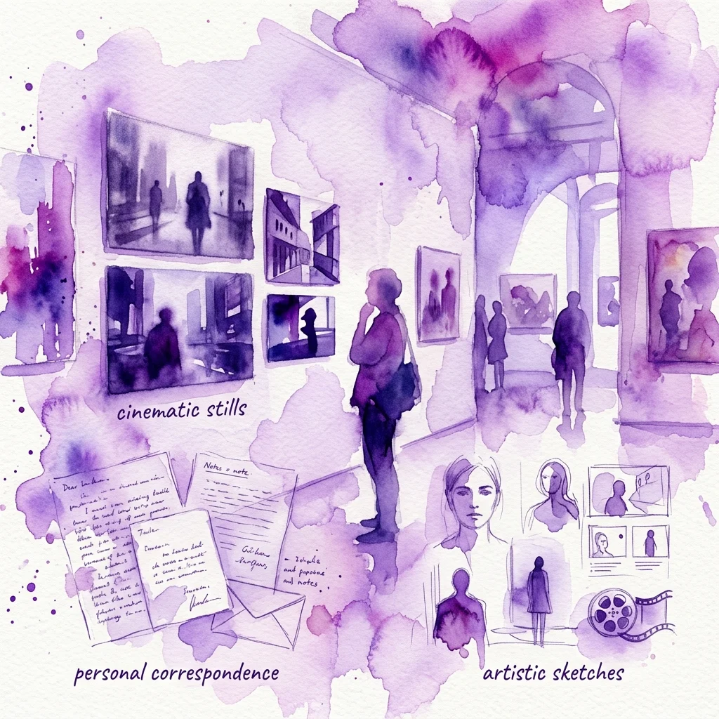 Ilustración en acuarela de una sala de exposiciones que presenta fotogramas de películas, correspondencia personal y bocetos artísticos relacionados con la obra de cine moderno de Michelangelo Antonioni.