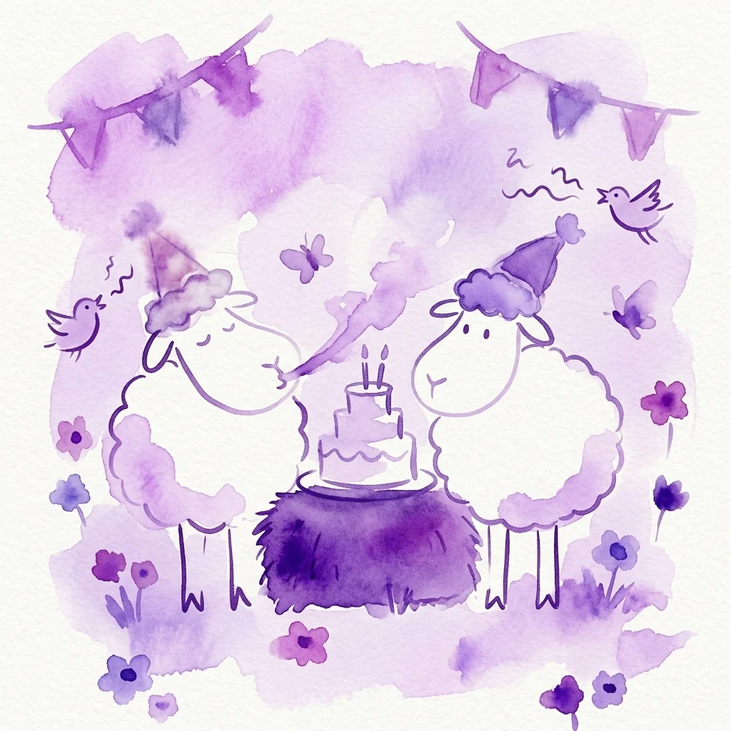Dos ovejas de dibujos animados con sombreros de fiesta celebran un cumpleaños con un pastel, rodeadas de serpentinas púrpuras, flores y pájaros en una alegre ilustración de acuarela.
