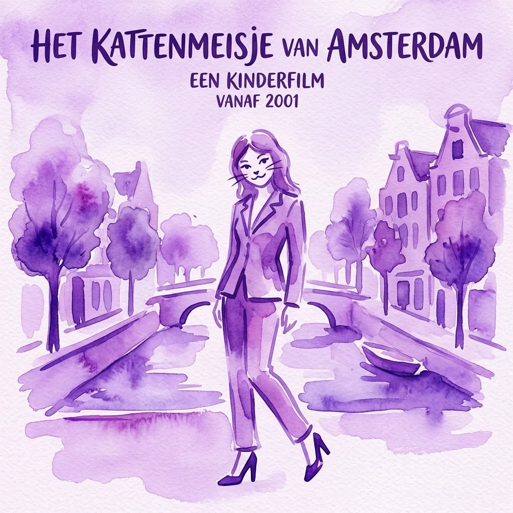 A watercolor illustration of a woman with cat-like features in a suit, walking through an Amsterdam canal scene, promoting the 2001 Dutch children's film 'Het Kattenmeisje van Amsterdam'.