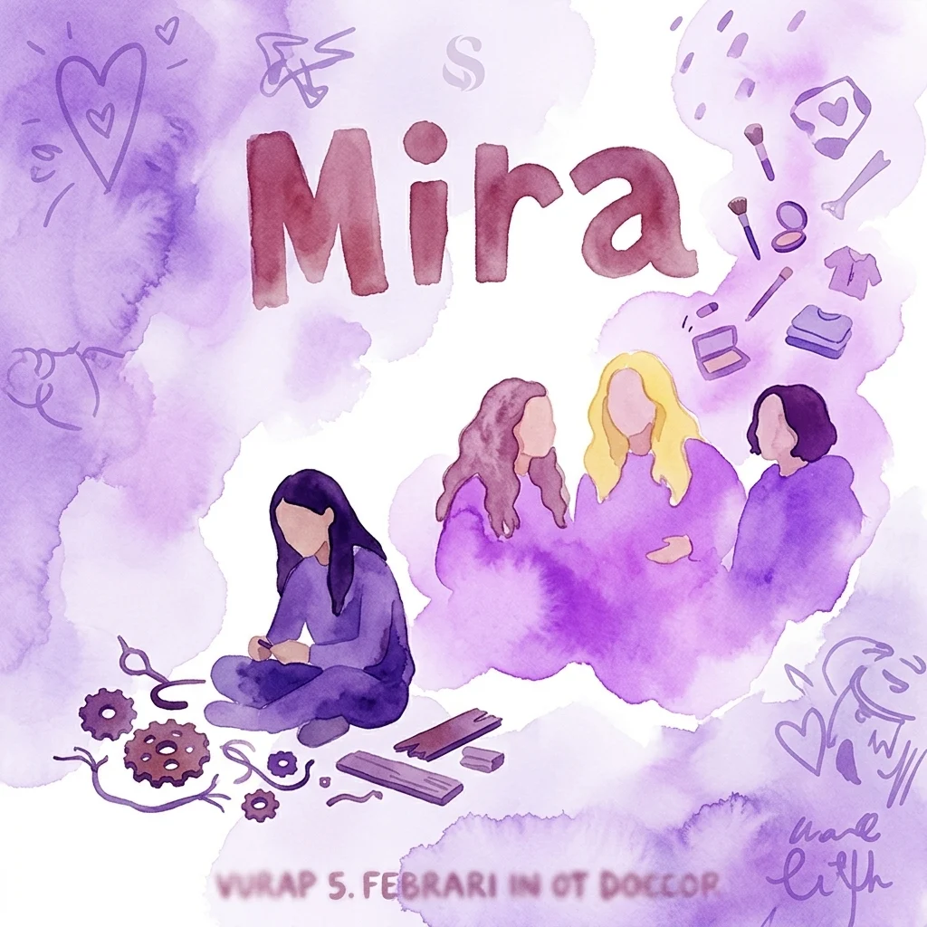 A watercolor illustration of a girl building robots from gears and wood while her friends talk about makeup and fashion, with the title 'Mira' in bold red letters.