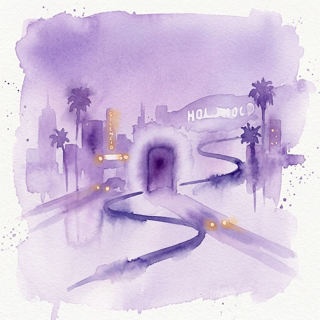 Una ilustración en acuarela de un paisaje urbano surrealista de Hollywood por la noche, que presenta una carretera sinuosa, palmeras, el letrero de Hollywood y un letrero brillante de 'Silencio', inspirado en la película Mulholland Drive de David Lynch.