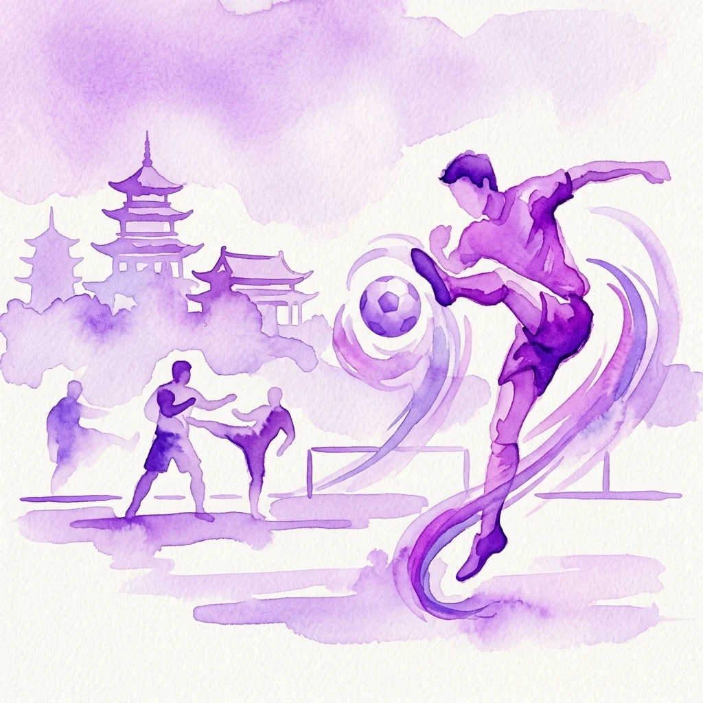 A purple watercolor illustration of martial arts and football, showing monks performing acrobatic kicks on a field with a traditional temple in the background.