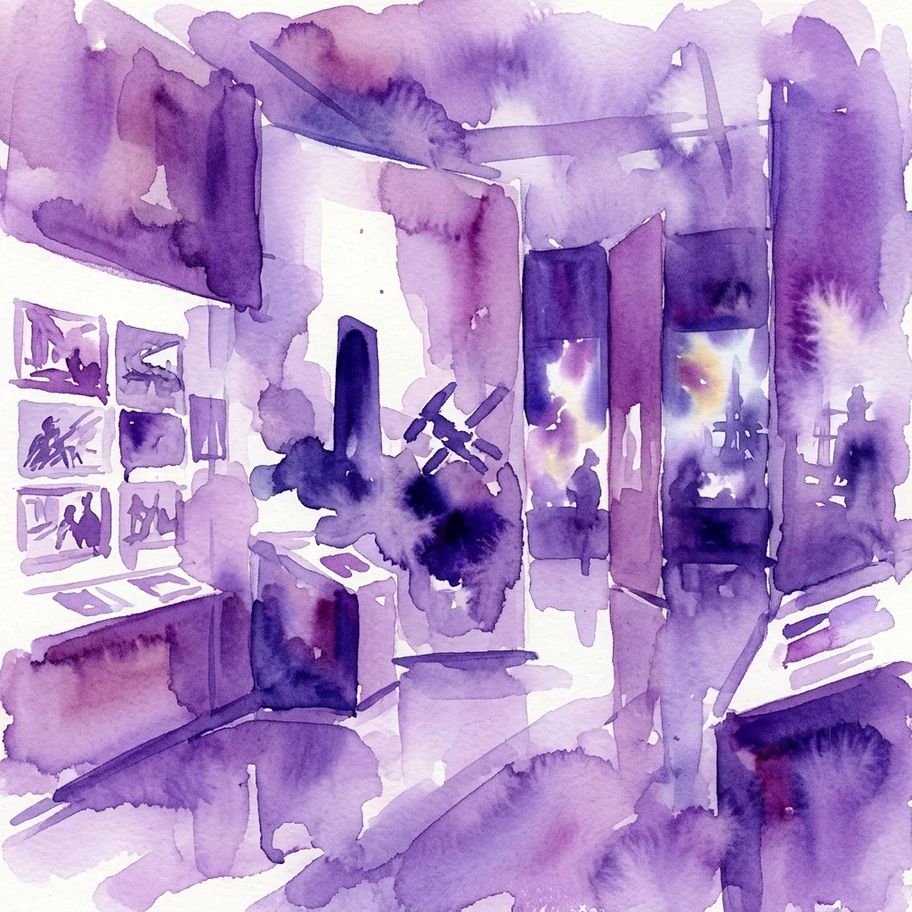 Een aquarelillustratie van een tentoonstellingsruimte met paarse tinten, met filmstills en artefacten uit het werk van Stanley Kubrick, waaronder 'A Clockwork Orange' en '2001: A Space Odyssey'.