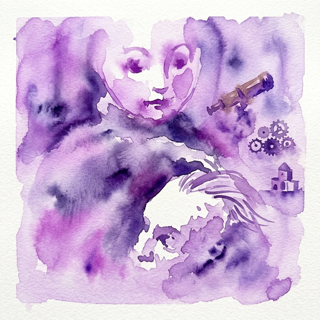 Fioletowy obraz akwarelowy przedstawiający surrealistyczną postać z teleskopem, zębatkami i małym budynkiem, nawiązujący do mrocznego i kapryśnego stylu filmów animowanych braci Quay.