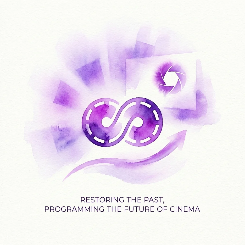 A purple watercolor illustration of intertwined film reels with a camera shutter and an upward arrow, symbolizing film restoration and future cinema programming.