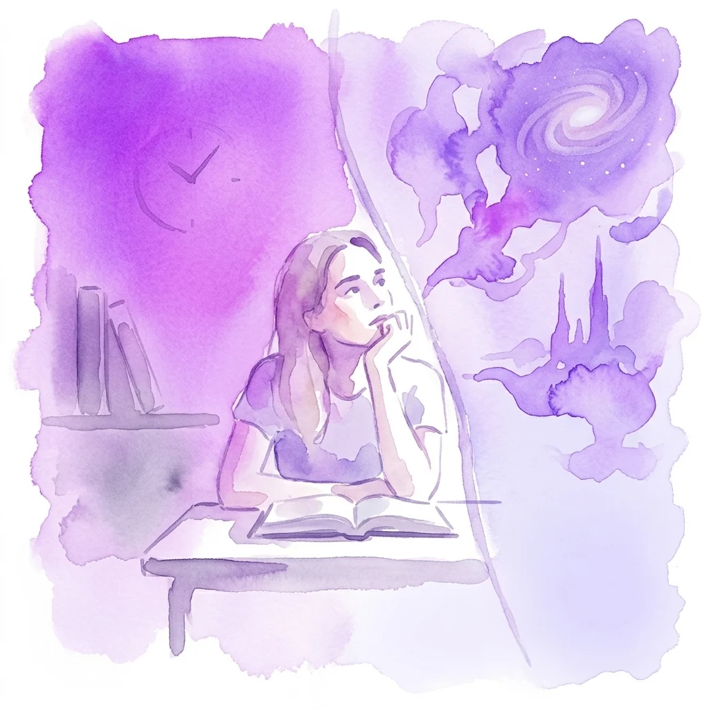 Ilustracja akwarelowa młodego studenta czytającego przy biurku, otoczonego onirycznymi fioletowymi wirami, zegarem i galaktyką, przywołująca filozoficzne tematy filmu Richarda Linklatera 'Waking Life'.