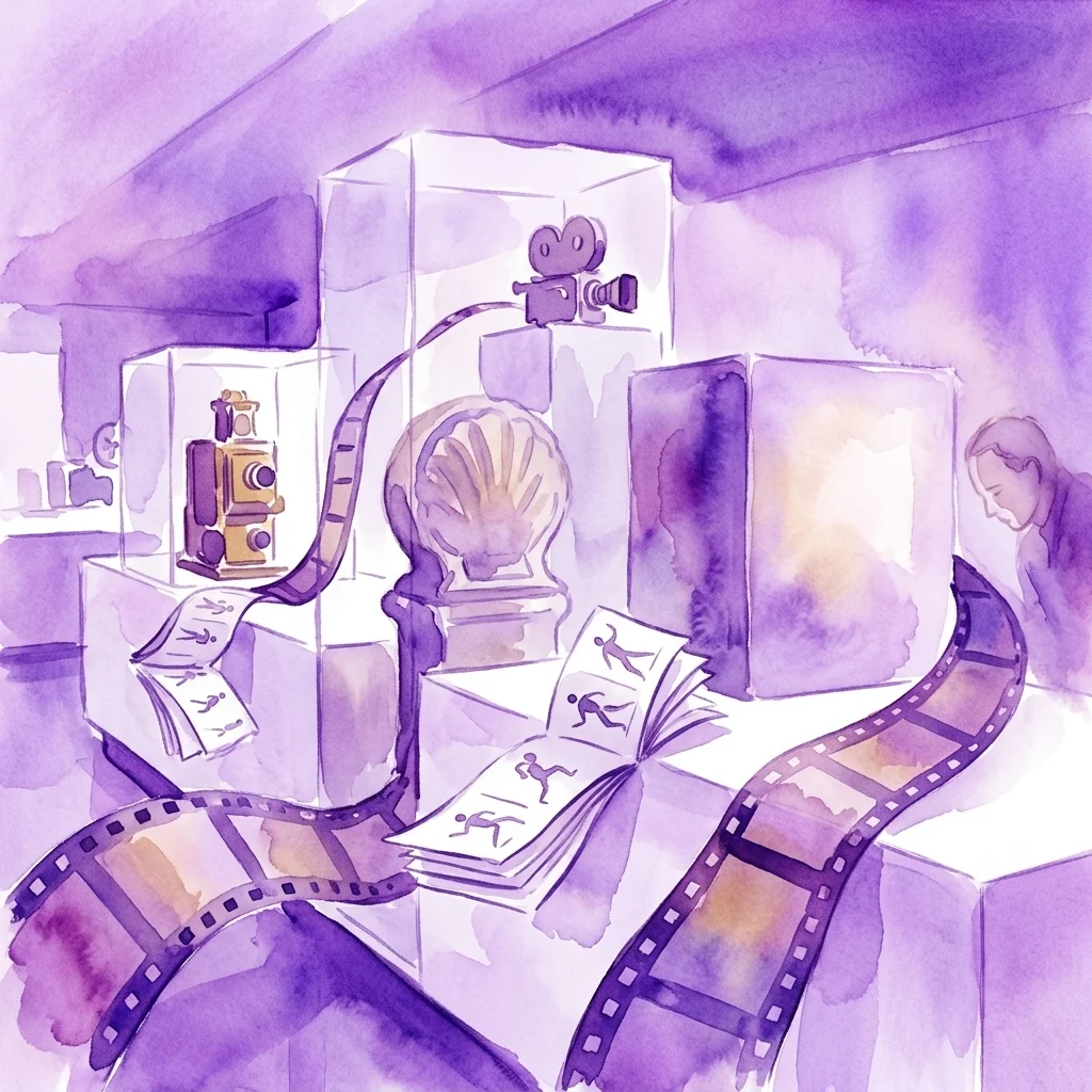 Una ilustración en acuarela de una exposición de museo que presenta equipo de cine, tiras de película y flipbooks, mostrando la evolución del cine en un espacio de galería teñido de púrpura.