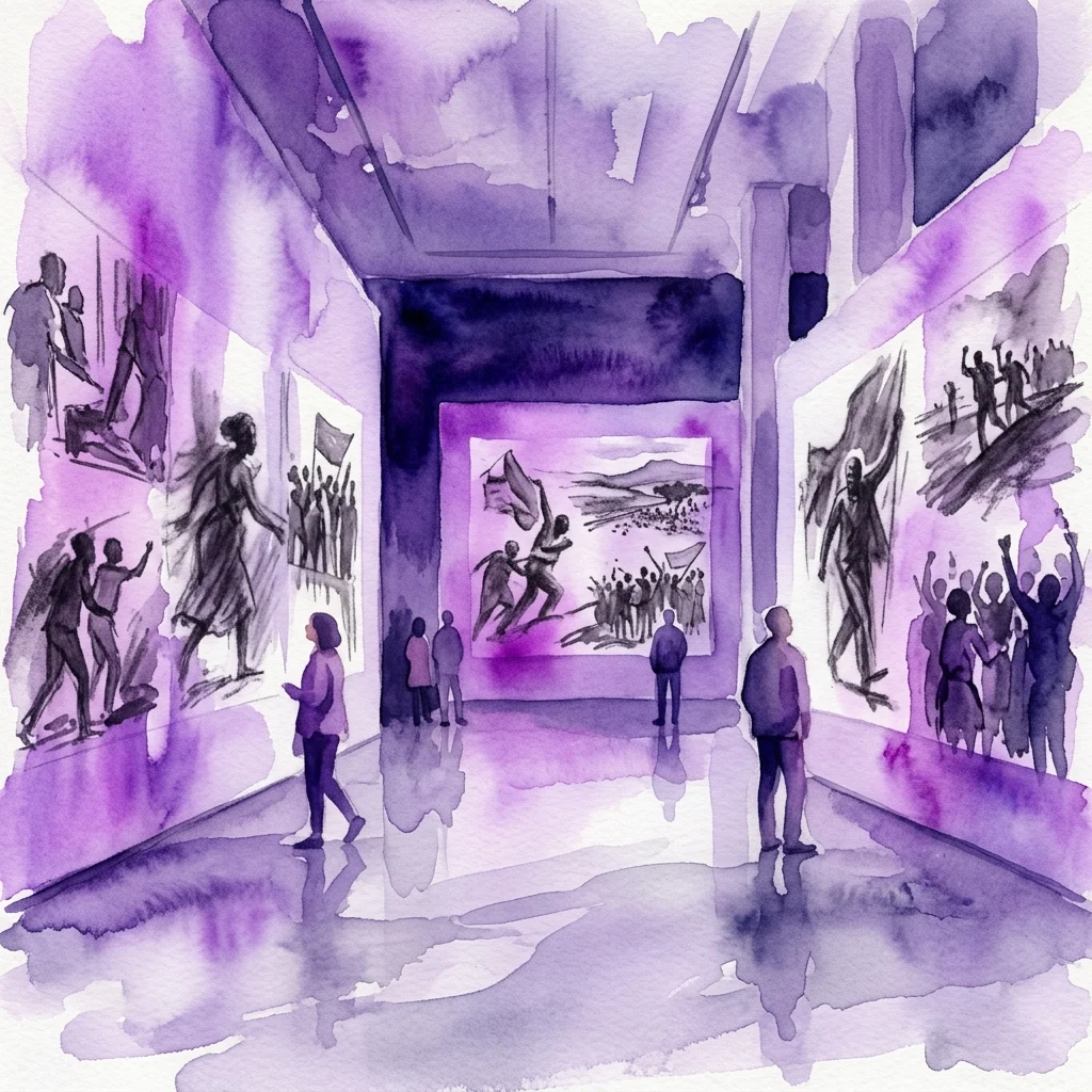 Ilustracja akwarelowa wnętrza galerii sztuki z odwiedzającymi oglądającymi duże rysunki węglem wyświetlane na ścianach, przedstawiające postacie w proteście i sceny historyczne, będące częścią wystawy Williama Kentridge'a „10 Drawings for Projection”.