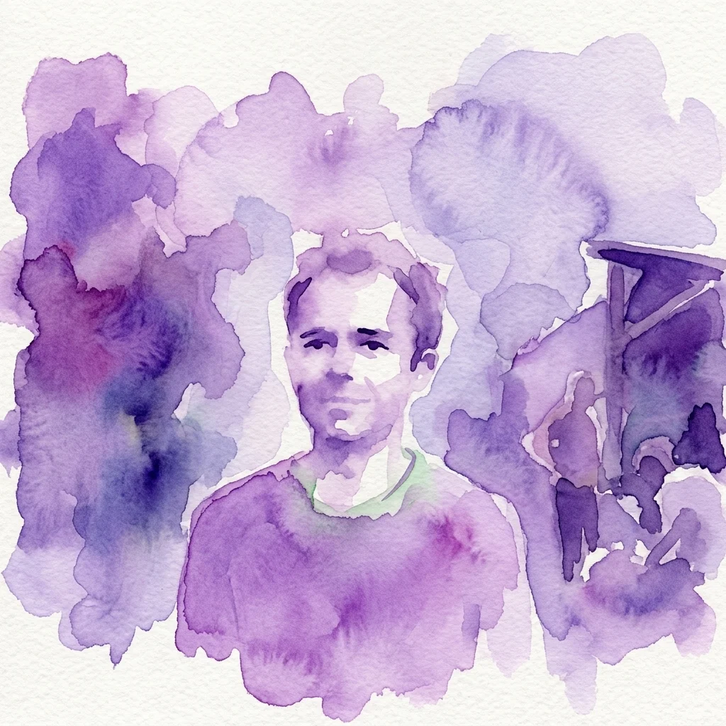 Portret w technice akwareli Bena Riversa, zdobywcy nagrody Eye Art & Film Prize 2016, przedstawiony w fioletowych odcieniach z zamyślonym wyrazem twarzy.