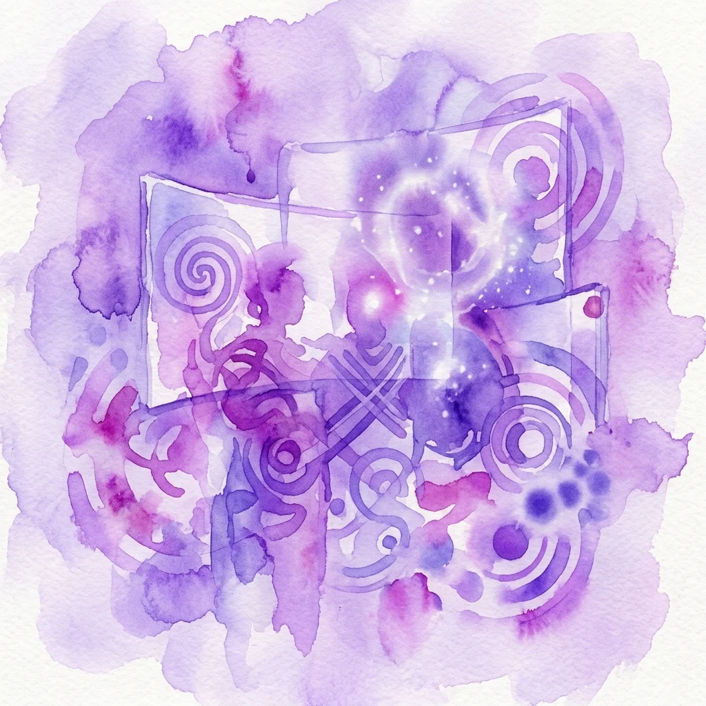 Een aquarelkunstwerk in paarse en roze tinten met abstracte vormen, spiralen en een centraal rechthoekig frame met gloeiende elementen, dat thema's van identiteit en cultuur vertegenwoordigt.
