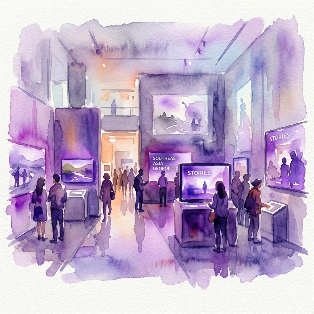 Ilustracja akwarelowa galerii muzealnej prezentującej instalacje wideo i ekrany wyświetlające "Geopolityka Azji Południowo-Wschodniej" i "Historie", z odwiedzającymi oglądającymi wystawę.