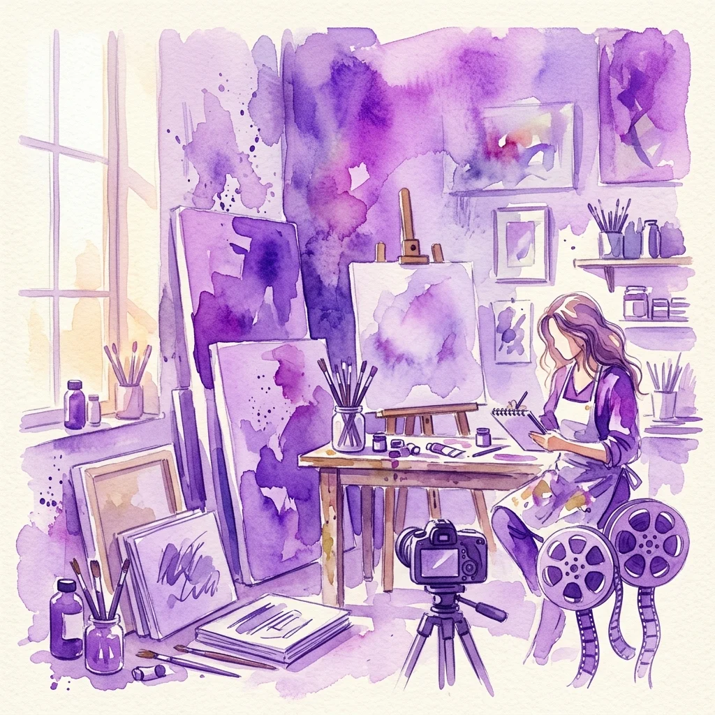 Ilustracja akwarelowa pracowni artysty z obrazami, rolkami filmu, aparatem fotograficznym i materiałami plastycznymi, odzwierciedlająca hybrydowe podejście do sztuki i filmu.